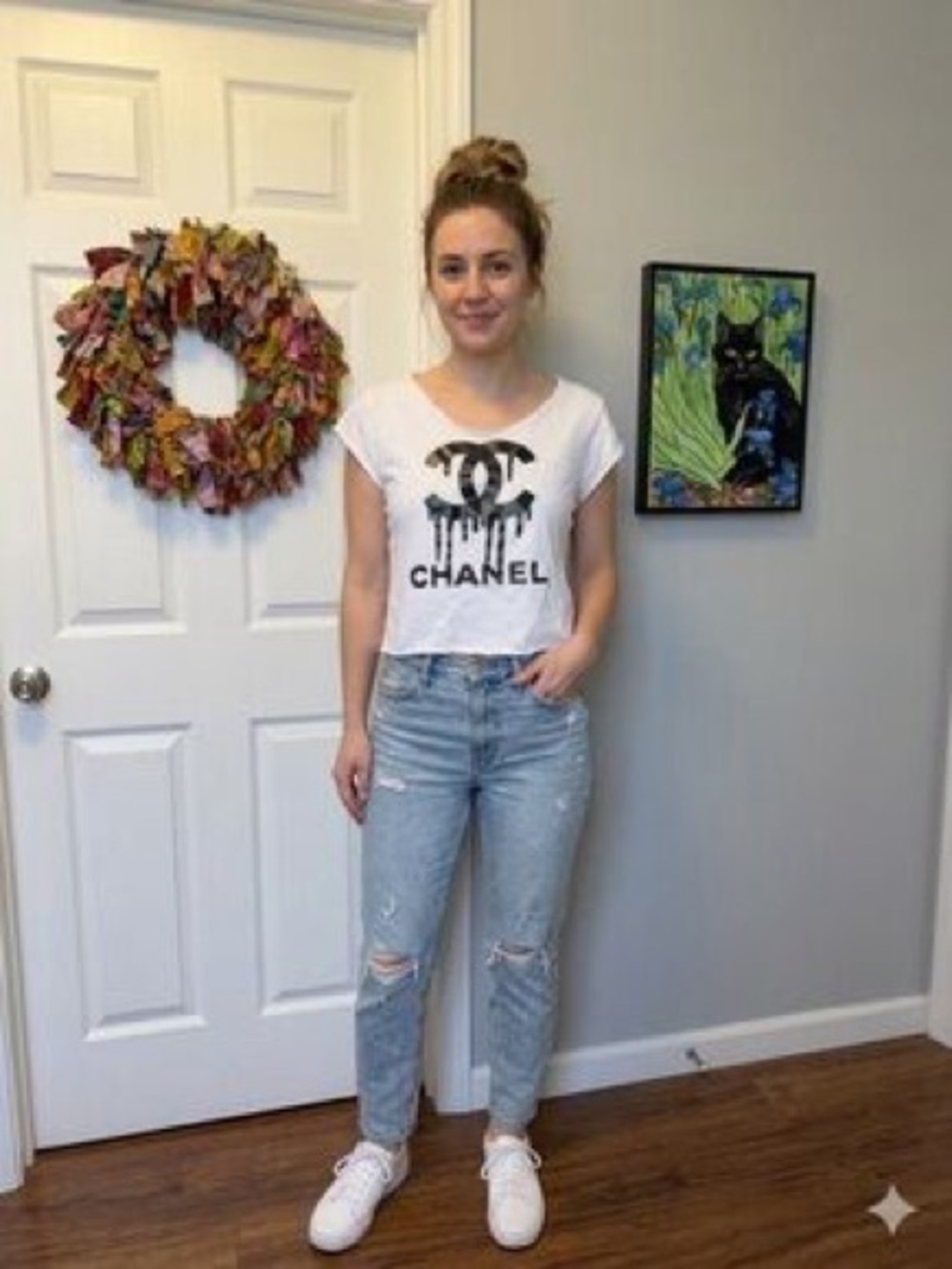 ChaneI White Logo Cropped Cut Short Sleeve Tee